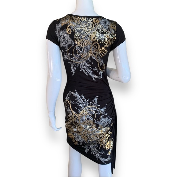 CACHE’ BODYCON DRESS WITH GOLD/SILVER PRINT. WOMEN’S SIZE SMALL. - Picture 2 of 7
